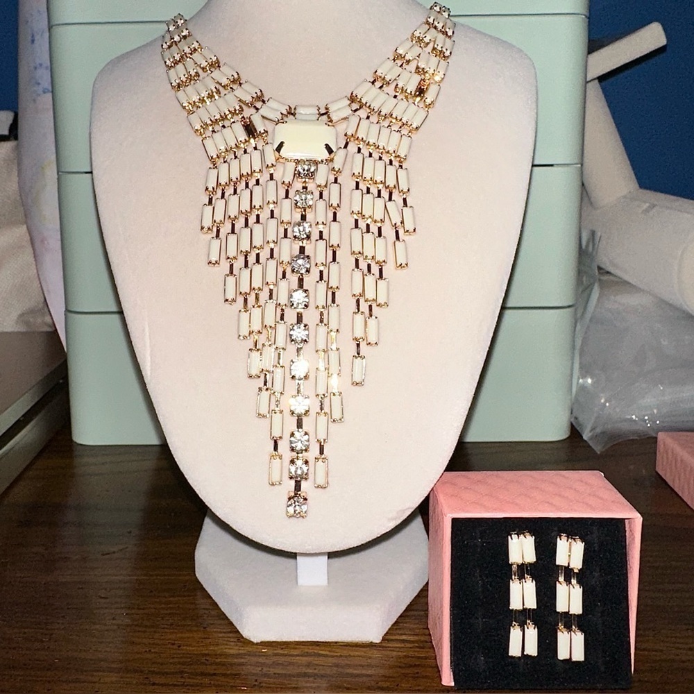 Vtg Style Bib Rhinestone & Ivory Bead Dangle Waterfall Necklace & Earrings Set
